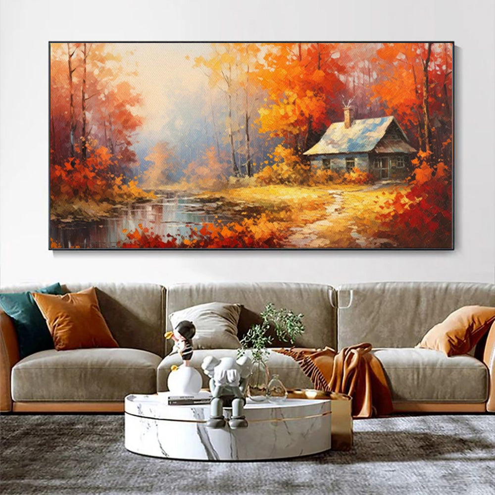 Handmade Oil Painting Canvas Wall Art Decoration Reddish Orange Tree Paintings Rural Landscape Farmhouse Pictures Artwork Room Aesthetic For Home Decor Rolled Frameless Unstretched Painting
