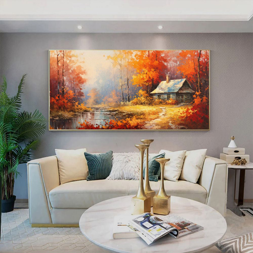 Handmade Oil Painting Canvas Wall Art Decoration Reddish Orange Tree Paintings Rural Landscape Farmhouse Pictures Artwork Room Aesthetic For Home Decor Rolled Frameless Unstretched Painting