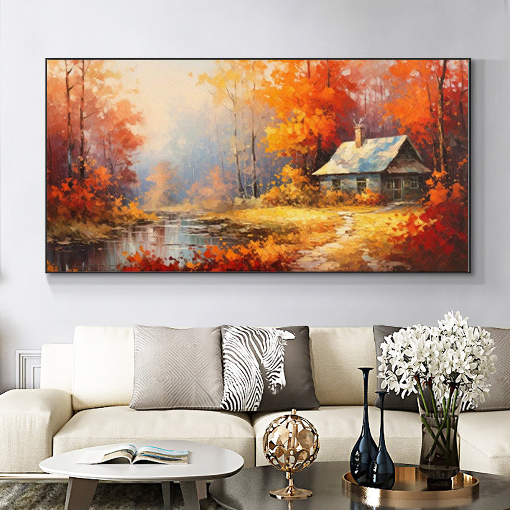 Handmade Oil Painting Canvas Wall Art Decoration Reddish Orange Tree Paintings Rural Landscape Farmhouse Pictures Artwork Room Aesthetic For Home Decor Rolled Frameless Unstretched Painting