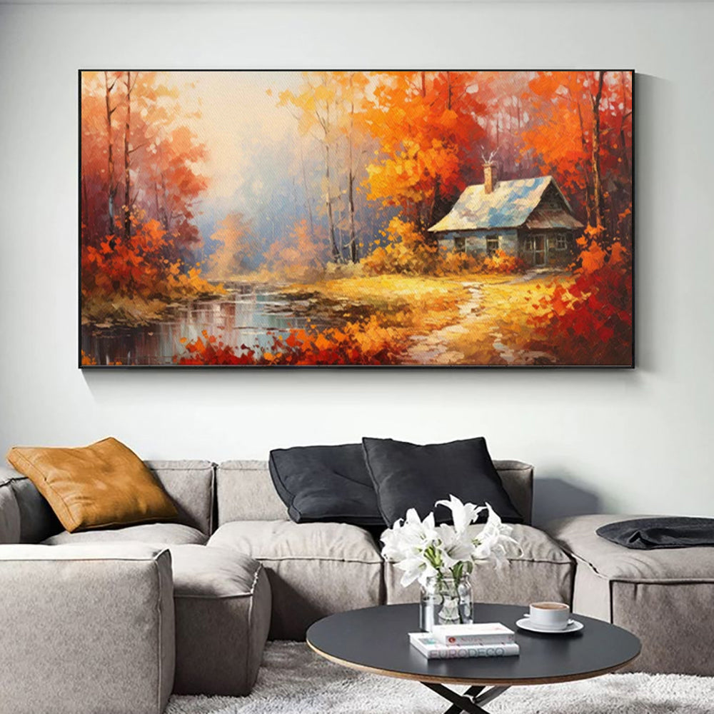 Handmade Oil Painting Canvas Wall Art Decoration Reddish Orange Tree Paintings Rural Landscape Farmhouse Pictures Artwork Room Aesthetic For Home Decor Rolled Frameless Unstretched Painting